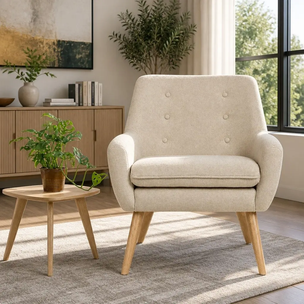 Full Size Beige Upholstered Armchair with Foam Padding