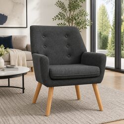 Linen Fabric Armchair in Charcoal with Tufted Design