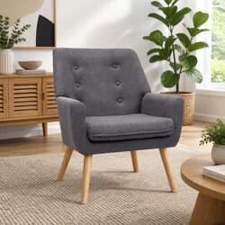 Tufted Button Lounge Chair in Grey Linen Fabric