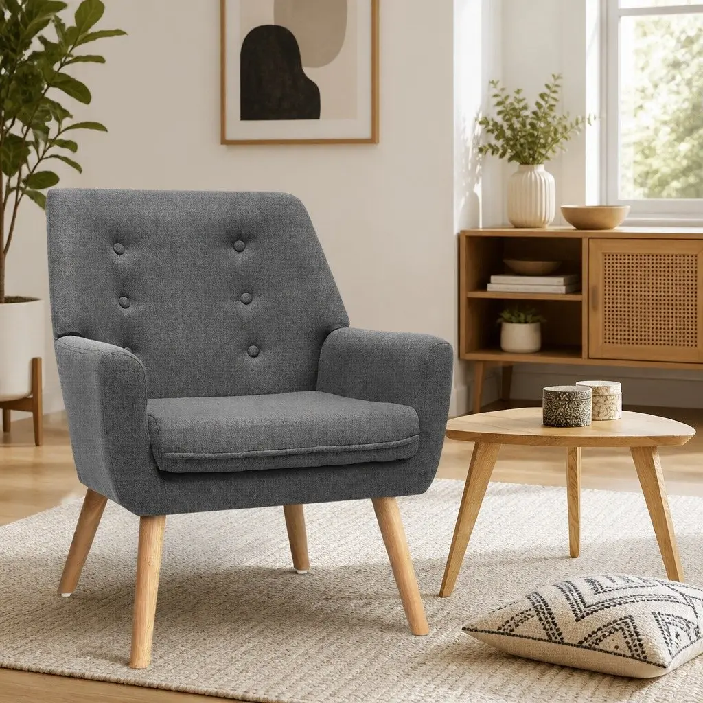 Armchair Comfort Full Size Grey Linen Fabric Upholstered Tufted Button
