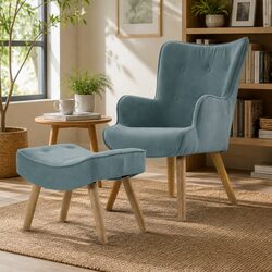 Scandinavian Blue Velvet Armchair with Matching Ottoman