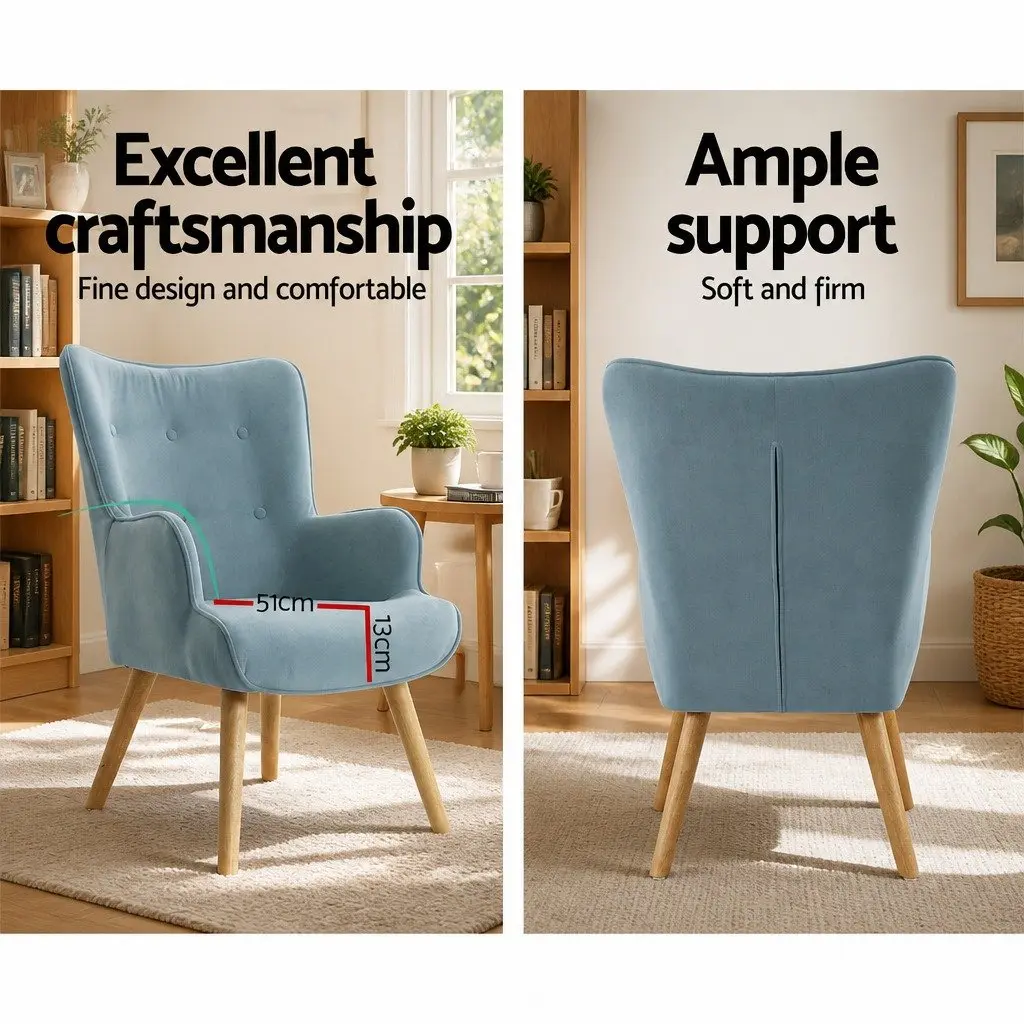 Armchair Set with Ottoman Blue Scandinavian Style Velvet Upholstered Lounge