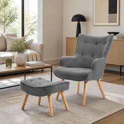 Scandinavian Grey Armchair and Ottoman Set with Tufted Upholstery