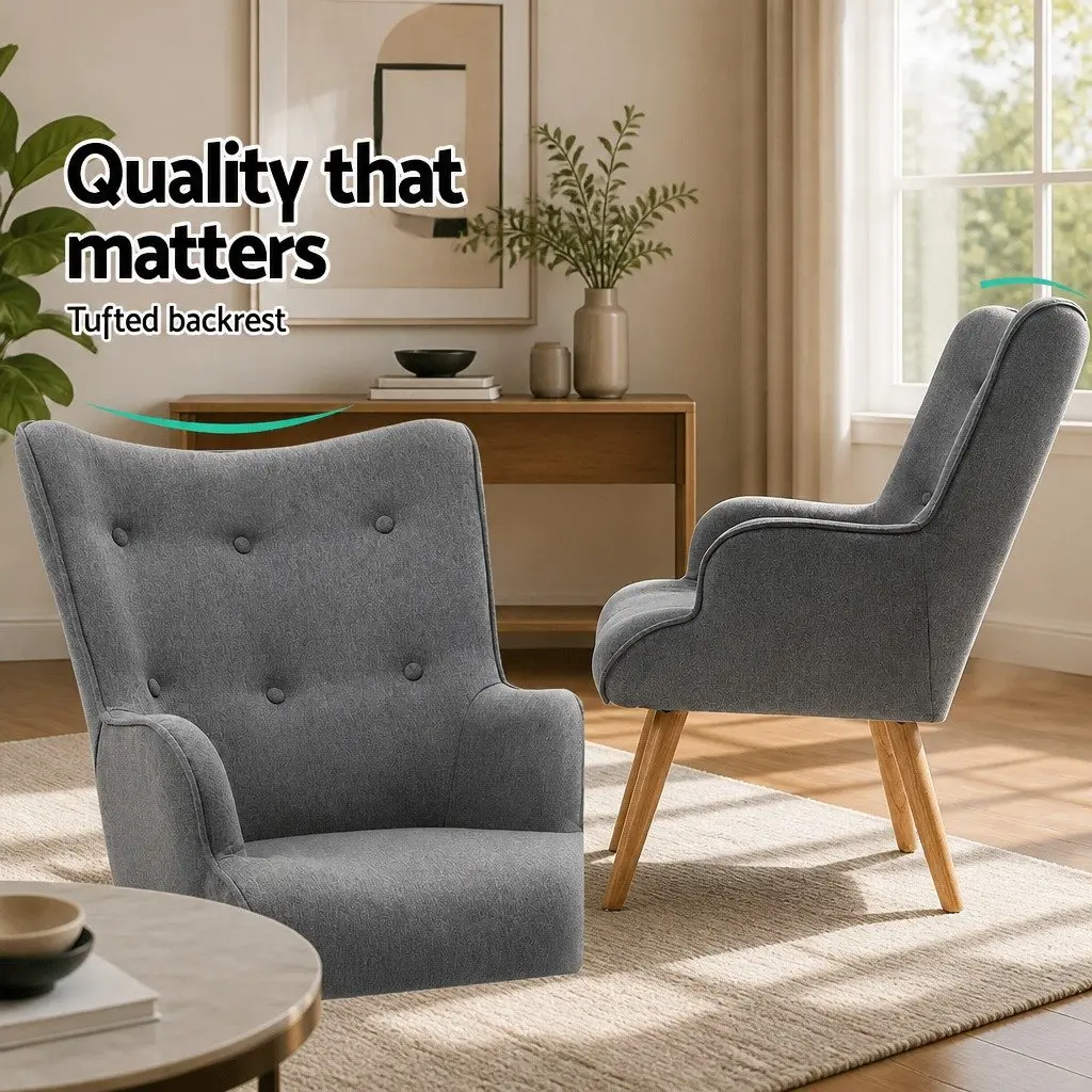 Scandinavian Grey Armchair and Ottoman Set with Tufted Upholstery