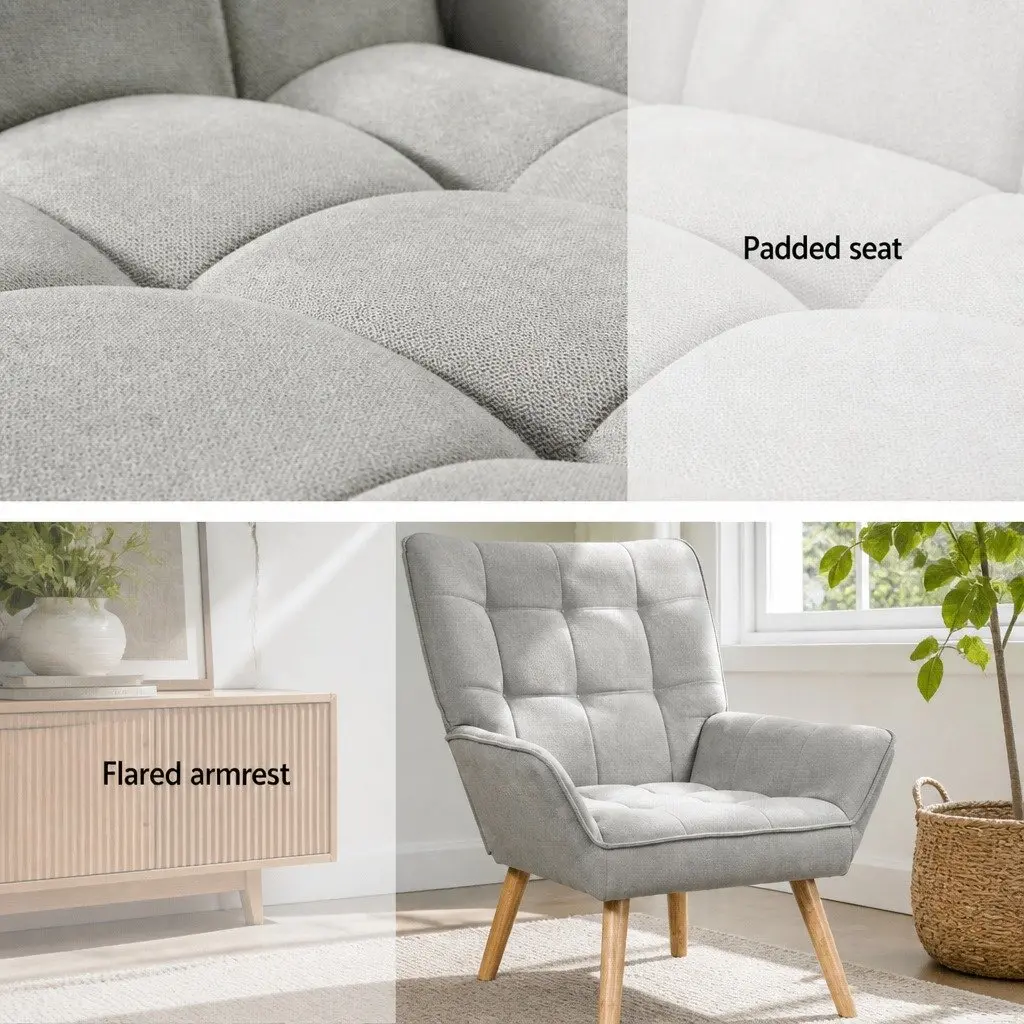 Scandinavian Style Armchair in Grey Faux Linen