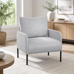 Grey Fabric Armchair with Metal Frame and Cushioned Seat