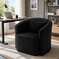 Round Swivel Armchair in Black with Sherpa Fleece Upholstery