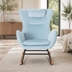 Green Velvet Rocking Armchair with Headrest Pillow
