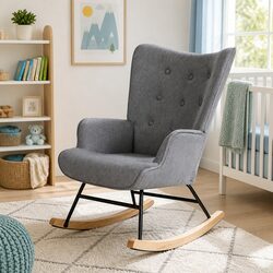 Grey Rocking Armchair with Linen Fabric and Metal Frame