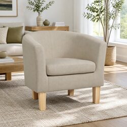 Full Size Beige Upholstered Tub Chair with Rubber Wood Legs