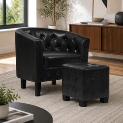Barrel Back Armchair Set with Ottoman, Black PU Leather