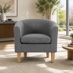 Grey Linen Fabric Armchair with Contoured Backrest
