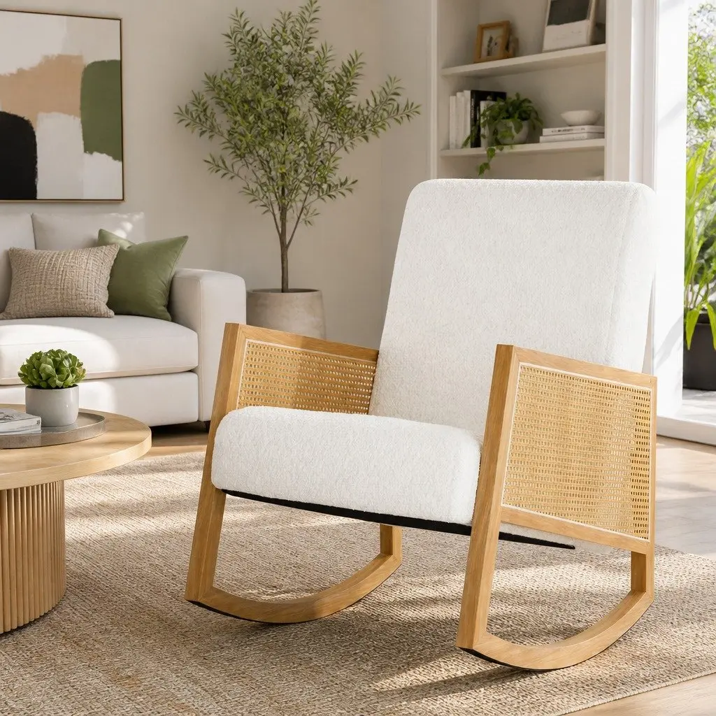 Rocking Chair Soft Upholstery Vintage Rattan White