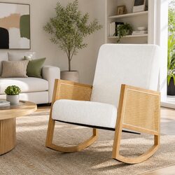 White Rocking Chair with Teddy Fabric Upholstery and Rattan