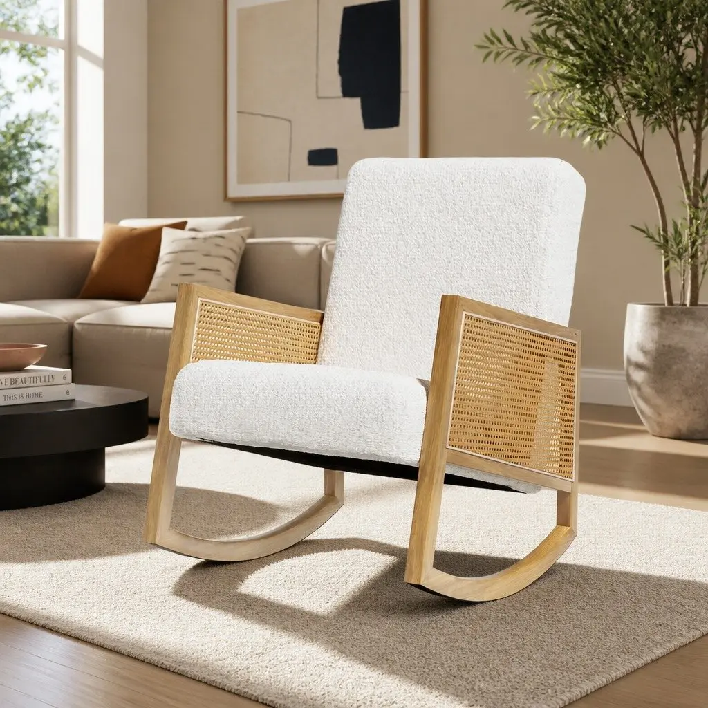 Rocking Chair Soft Upholstery Vintage Rattan White