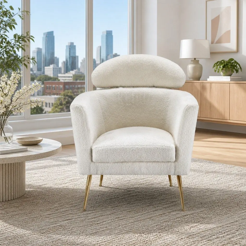 White Armchair with Boucle Fabric Upholstery