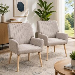 Set of 2 Beige Lounge Chairs with Faux Fabric and Wood Legs