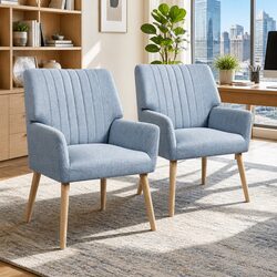 Set of 2 Grey Faux Fabric Lounge Chairs with Wood Legs