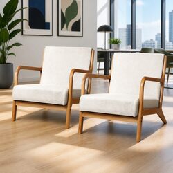 Beige Faux Fabric Armchair Set of 2 with Rubber Wood Legs