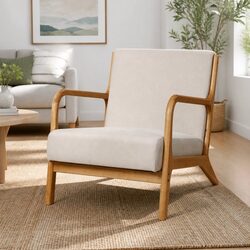 Beige Lounge Chair with Rubber Wood Legs and Foam Padding