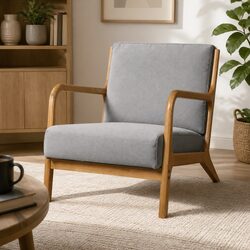 Fabric Armchair in Light Grey with Rubber Wood Base