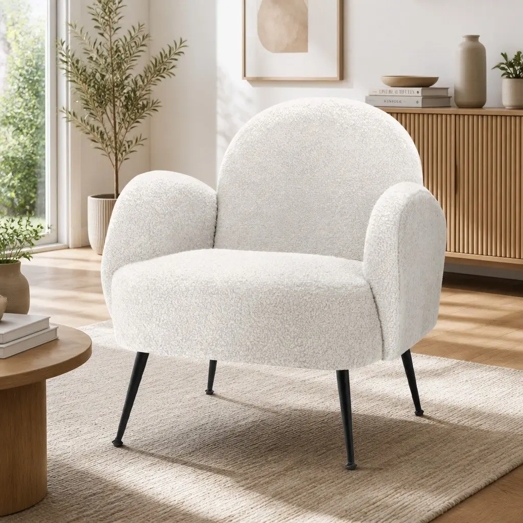 Armchair Sherpa Fabric High-Resilience Foam White Steel Legs