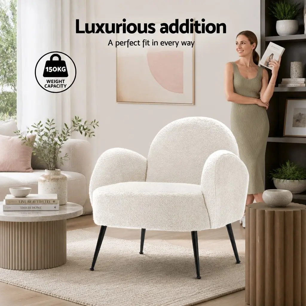 Armchair Sherpa Fabric High-Resilience Foam White Steel Legs