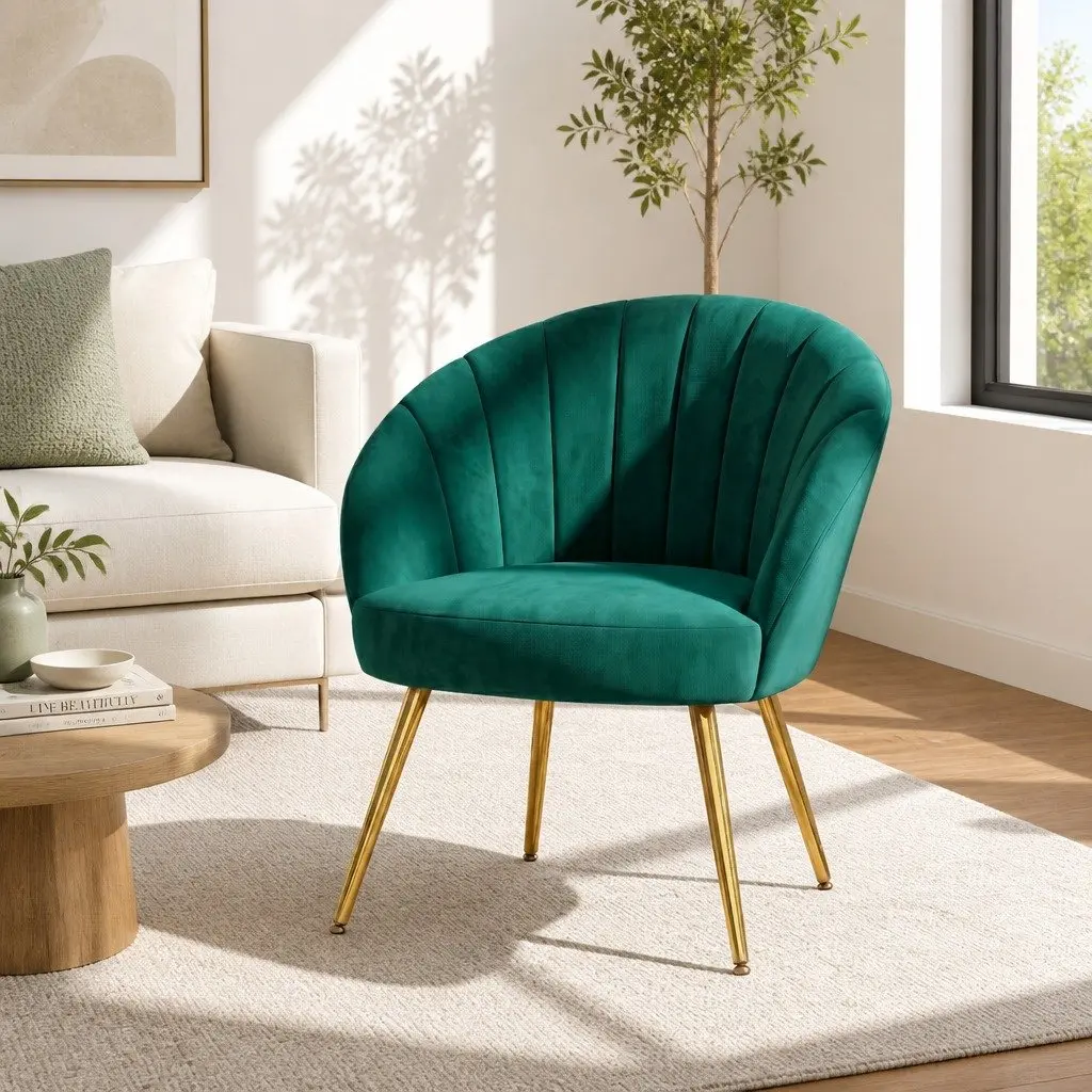 Armchair Velvet Upholstered Extra Wide Green High Resilience Foam Padded with Golden Legs