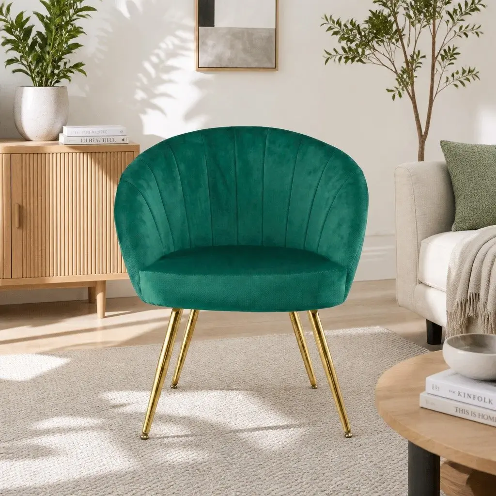 Armchair Velvet Upholstered Extra Wide Green High Resilience Foam Padded with Golden Legs