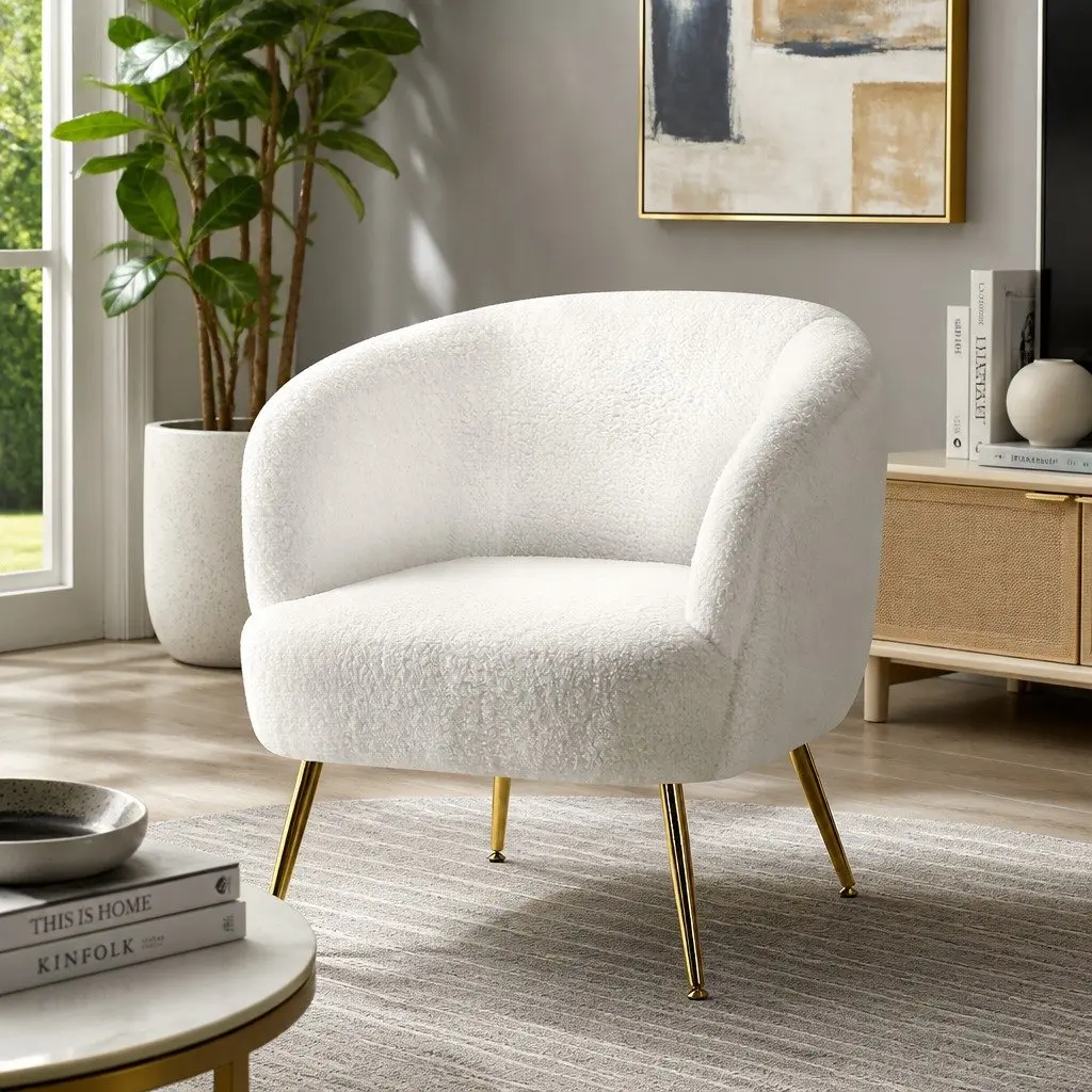 Armchair Sherpa Fabric White Relaxation Seat Curvy Winged Backrest