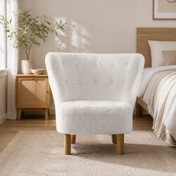 White High-Back Armchair with Sherpa Fabric and Rubber Wood Legs