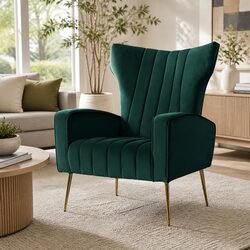 Wide Seat Green Velvet Armchair with Metal Legs