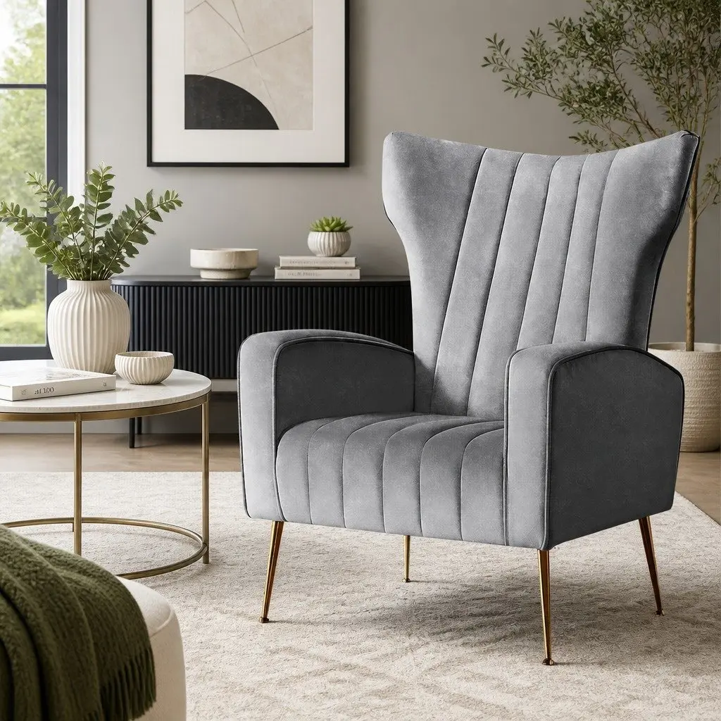 Grey Velvet Armchair High Back Extra Wide Seat