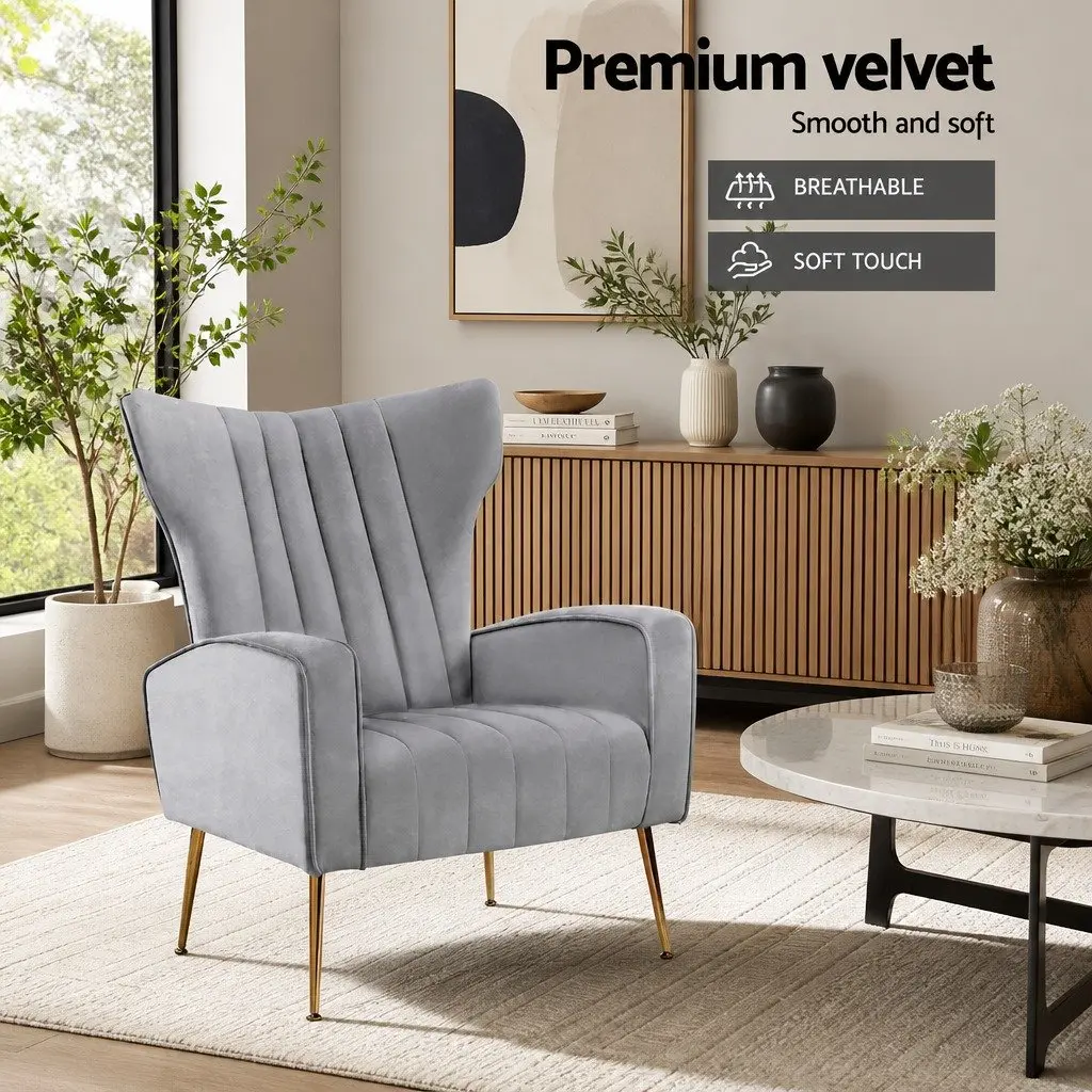 Grey Velvet Armchair High Back Extra Wide Seat