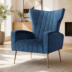 Navy Velvet Armchair with Wooden Frame and Golden Legs