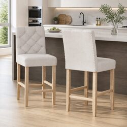 Set of 2 High Backrest Bar Stools with Linen Upholstery