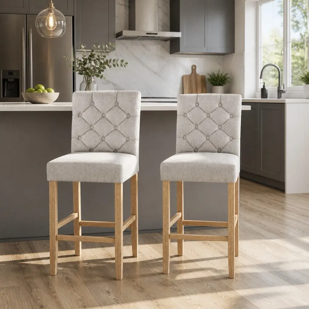 Bar Stools Linen Upholstered High Backrest Beige 2 Piece