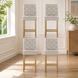 Linen Upholstered Bar Stools Set of 4 with High Backrest