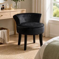 Button Tufted Black Velvet Vanity Stool with Solid Wood Legs