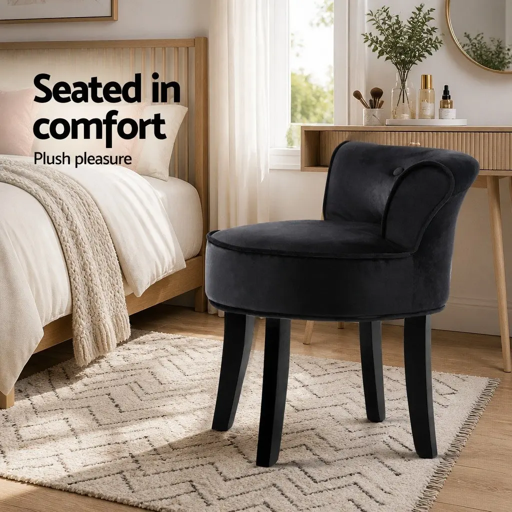 Vanity Stool Velvet Upholstered Padded Seat Button Tufted Backrest Black