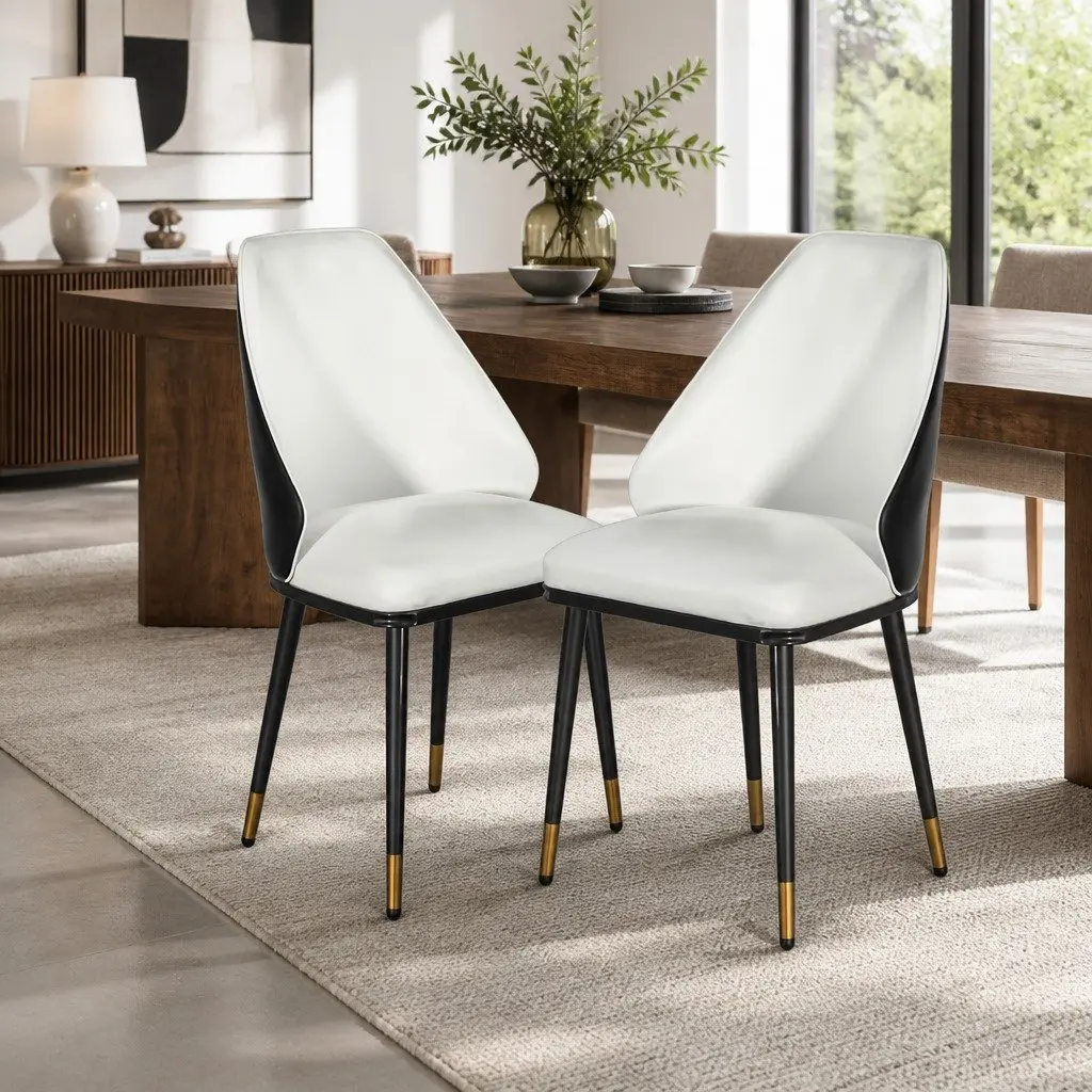 Dining Chairs Set of 2 Comfort PU Leather Seat Contoured Backrest Steel Legs Beige Black
