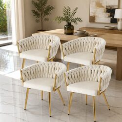 Beige Velvet Dining Chairs Set of 4 with Steel Legs