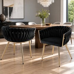 Set of 2 Black Velvet Dining Chairs with Metal Frame