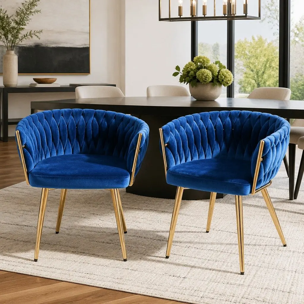 Dining Chairs Hand-Woven Backrest Plush Velvet Blue Set of 2