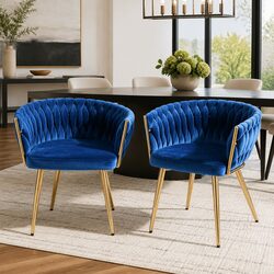 Dining Chairs Set of 2 with Hand-Woven Backrest in Blue Velvet