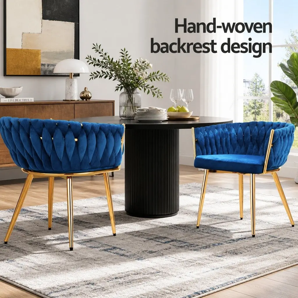 Dining Chairs Hand-Woven Backrest Plush Velvet Blue Set of 2