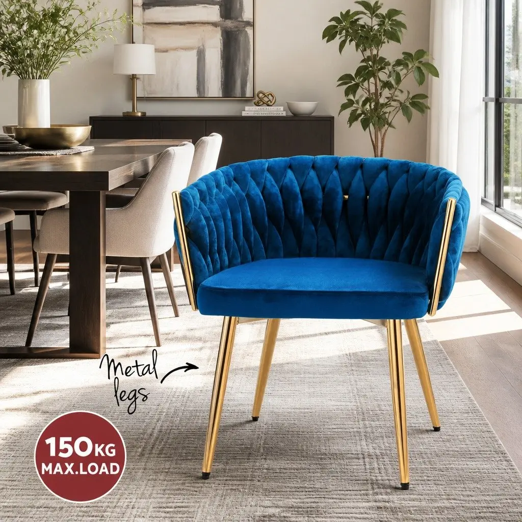 Dining Chairs Hand-Woven Backrest Plush Velvet Blue Set of 2