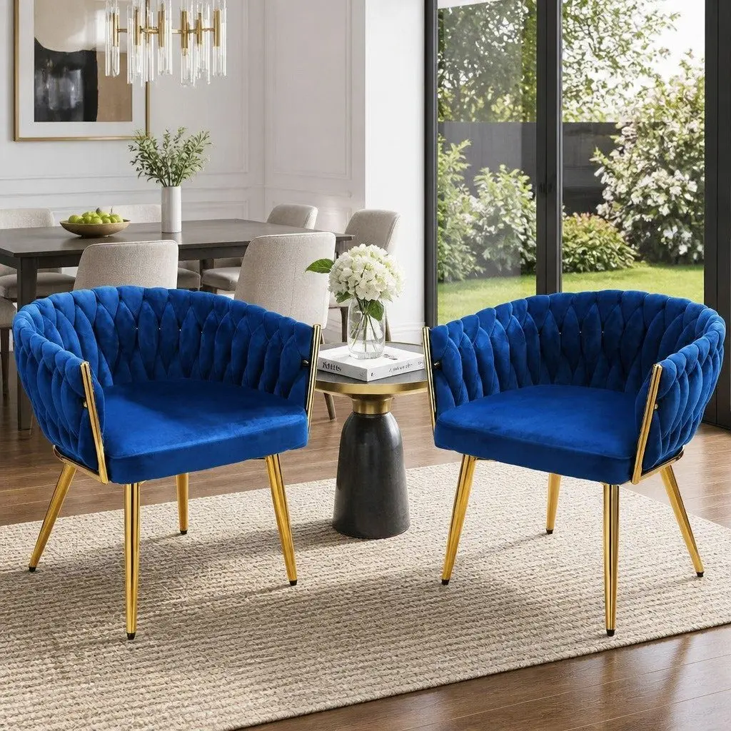 Dining Chairs Hand-Woven Backrest Plush Velvet Blue Set of 2