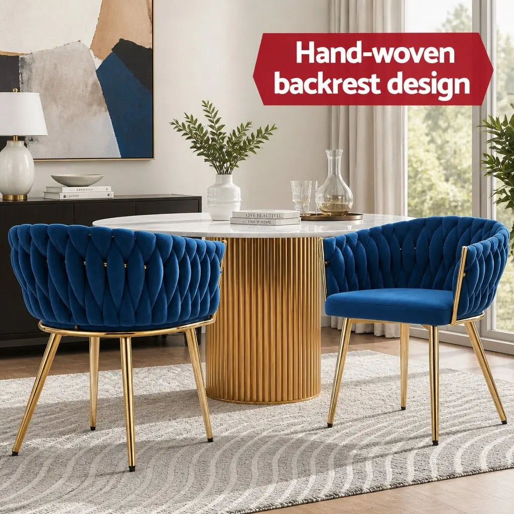 Dining Chairs Comfort Blue Velvet 4 Piece Set with Hand-Woven Backrest