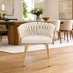 Velvet Armchair Dining Chair in Beige with Steel Legs